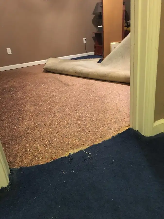 Carpet pad removal revealing water damage during Drying & Dehumidification in South River
